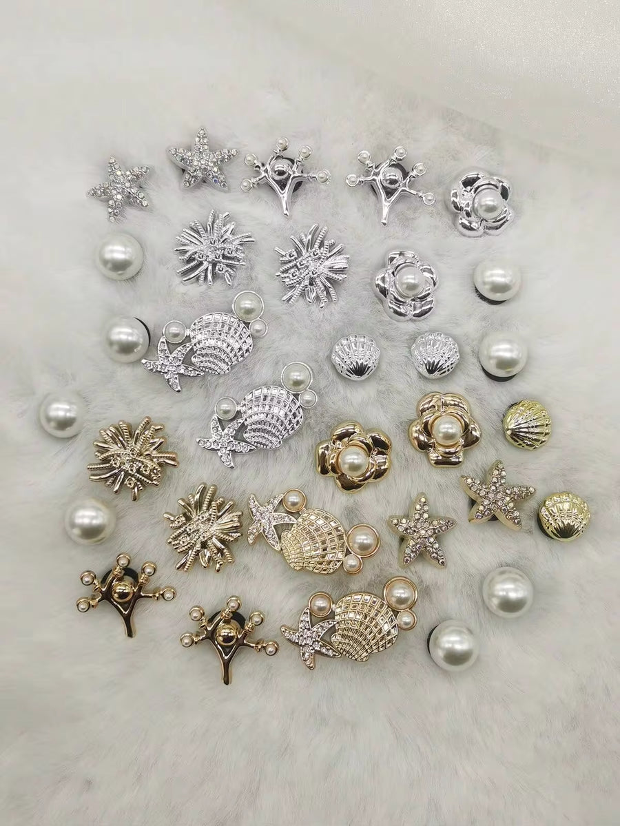 16PCS Golden Silvery Ocean Starfish Shell ABS Shoe Charms DIY Accessories Bling Rhinestone Seaweed Shoe Buckles Decorations Flower Clogs Shoe Clips