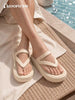 luofu Women's Thick Sole Anti-Slip Soft Elastic Flip Flops Fashion Minimalist Height-Increasing Sandals Summer Beige Beach Slippers EVA Non-Slip Sandals